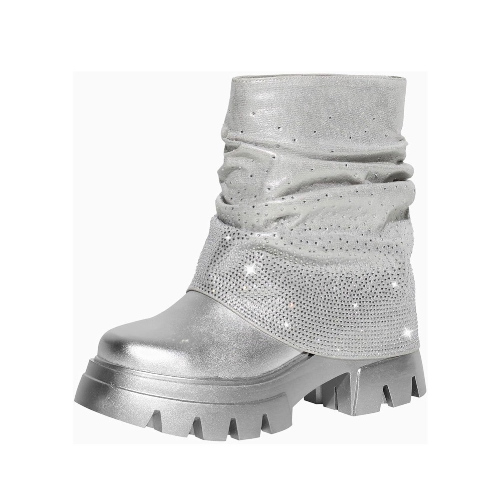 Silver Metallic Rhinestone Slouchy Platform Lug Boots Chunky Sparkle Festival